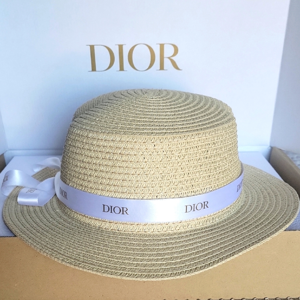 Dior Beige Straw Boater Hat with White DIOR Ribbon